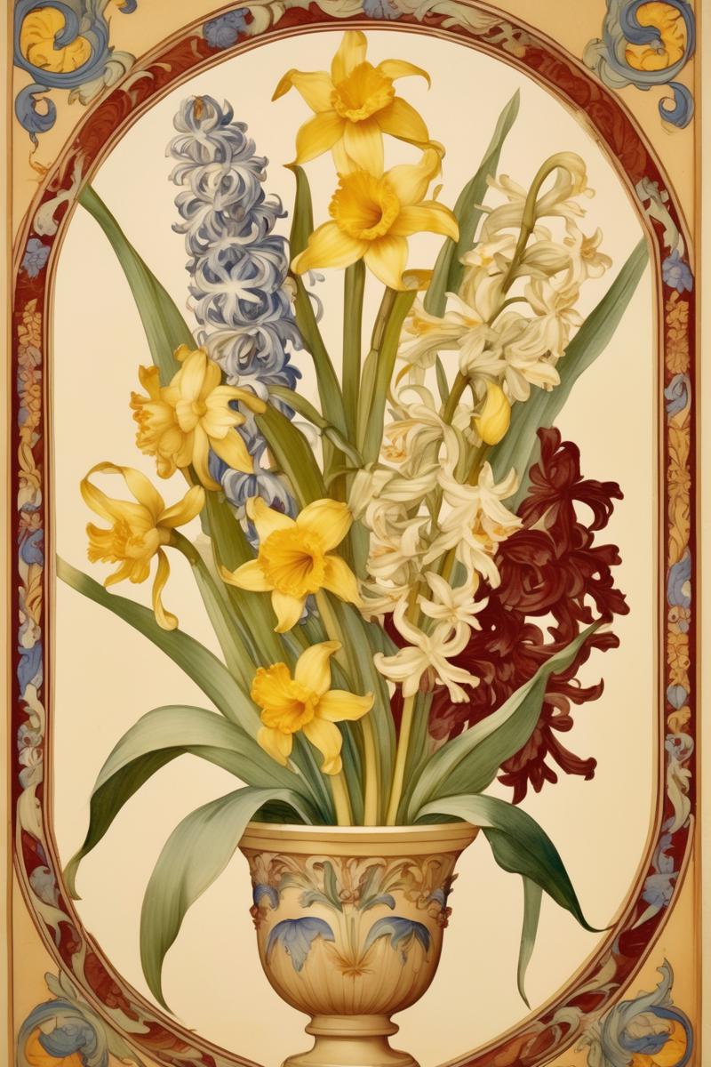 00572-2246960062-_lora_Anna Maria Garthwaite Style_1_Anna Maria Garthwaite Style - Garden hyacinth and narcissist flowers bouquet standing in arc.png